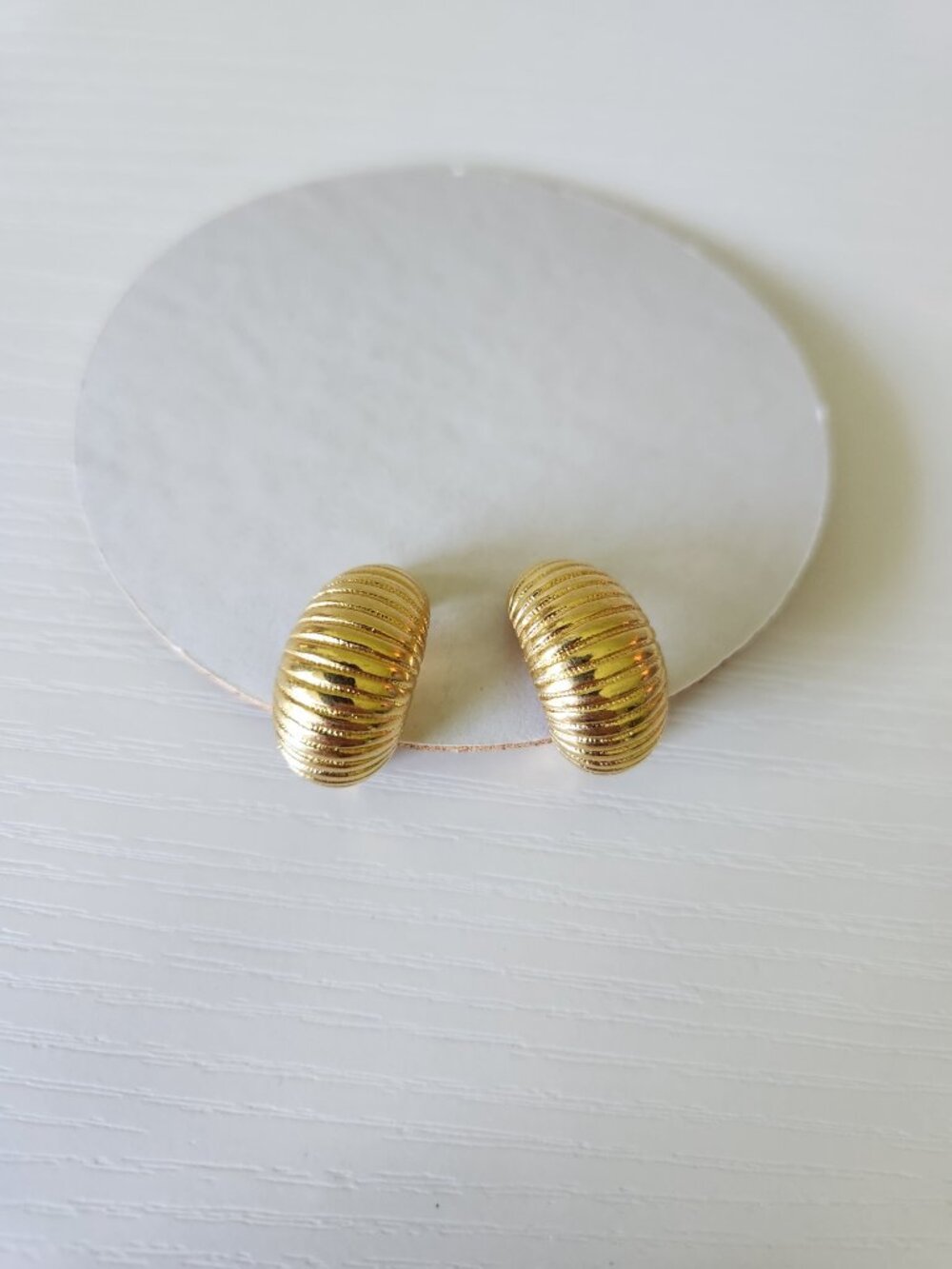 Vintage Monet Gold Tone Ribbed Clip On Earrings Classic Dome Hoops